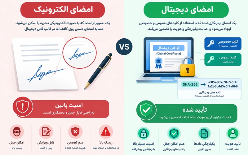 جدول مقایسه تفاوت‌ امضای دیجیتال و امضای الکترونیک